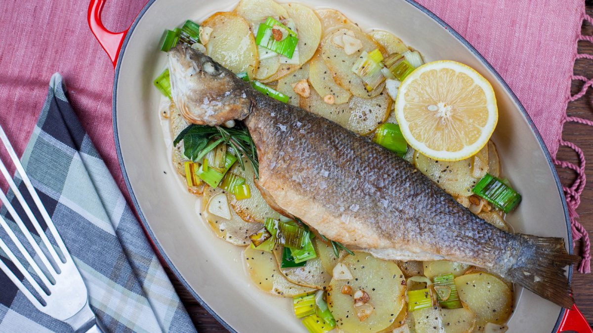Make Baked Sea bass with Potatoes.
