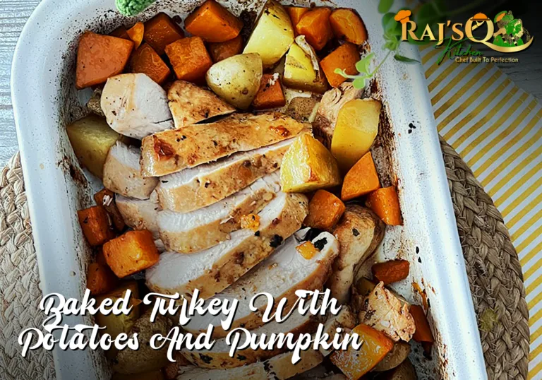 Baked turkey breast with potatoes and pumpkin