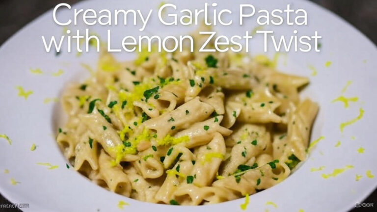 Steaming bowl of creamy garlic pasta with lemon zest, topped with fresh parsley and Parmesan